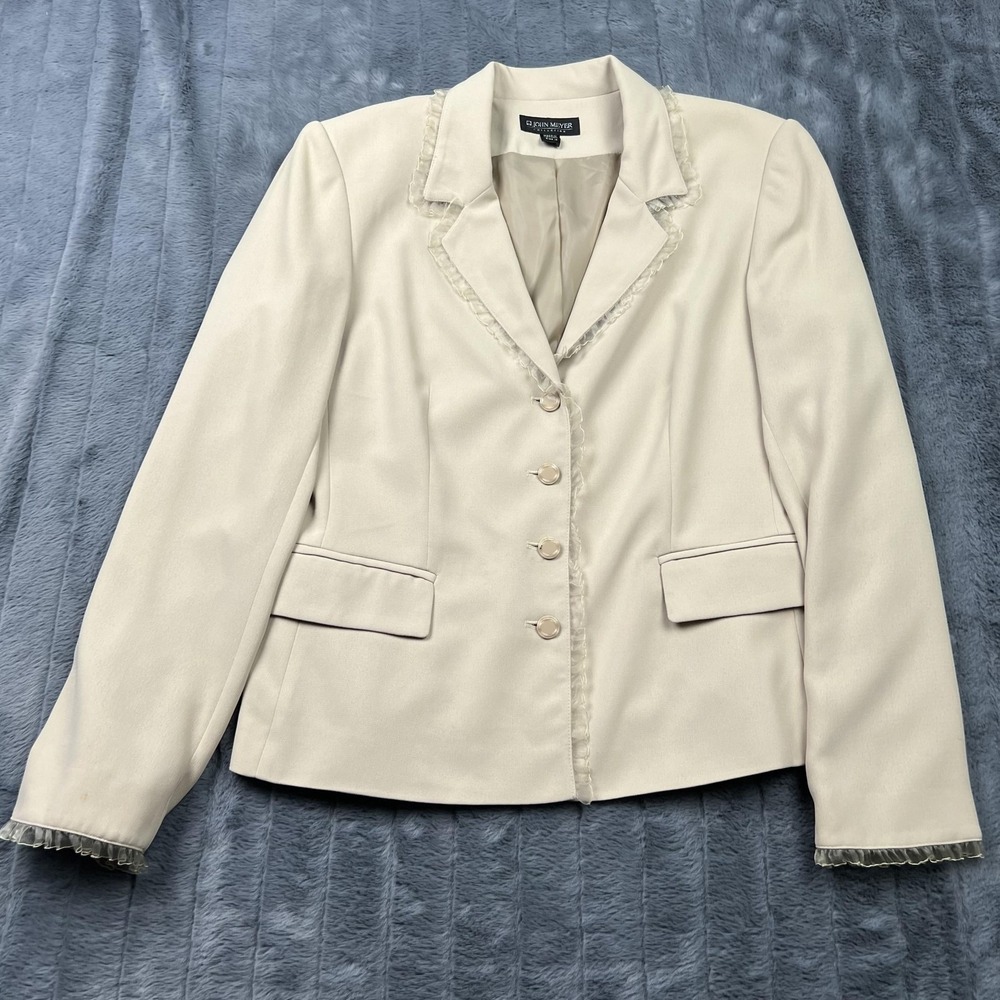 John Meyer Collection Suit Jacket Womens 12 Beige Crepe Lined Ruffle Trim